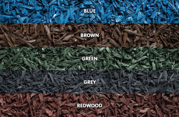 rubber mini mulch colour swatches blue brown green grey and redwood
